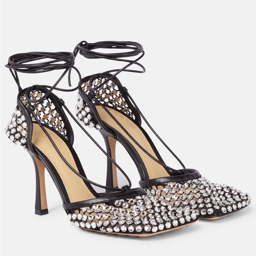 Bottega Veneta Black Crystal Embellished Strappy High Heel Pumps